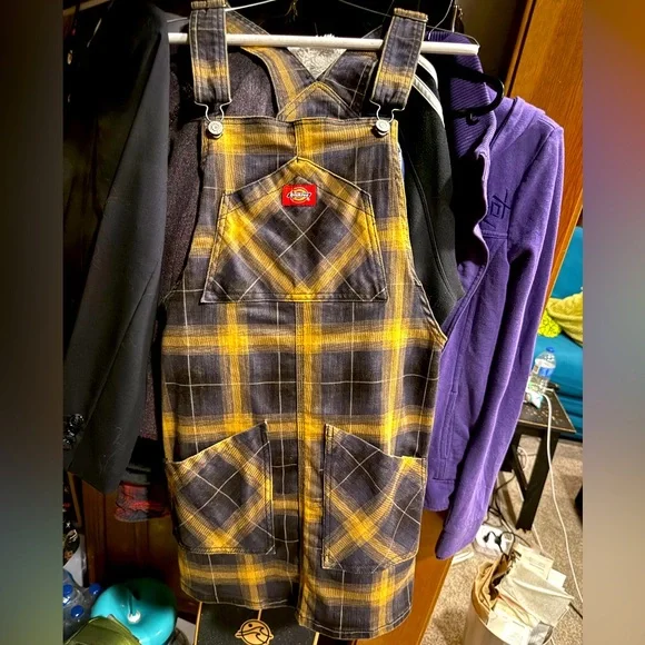Dickies plaid overall dress mustard yellow and navy size small NWOT - Picture 2 of 10